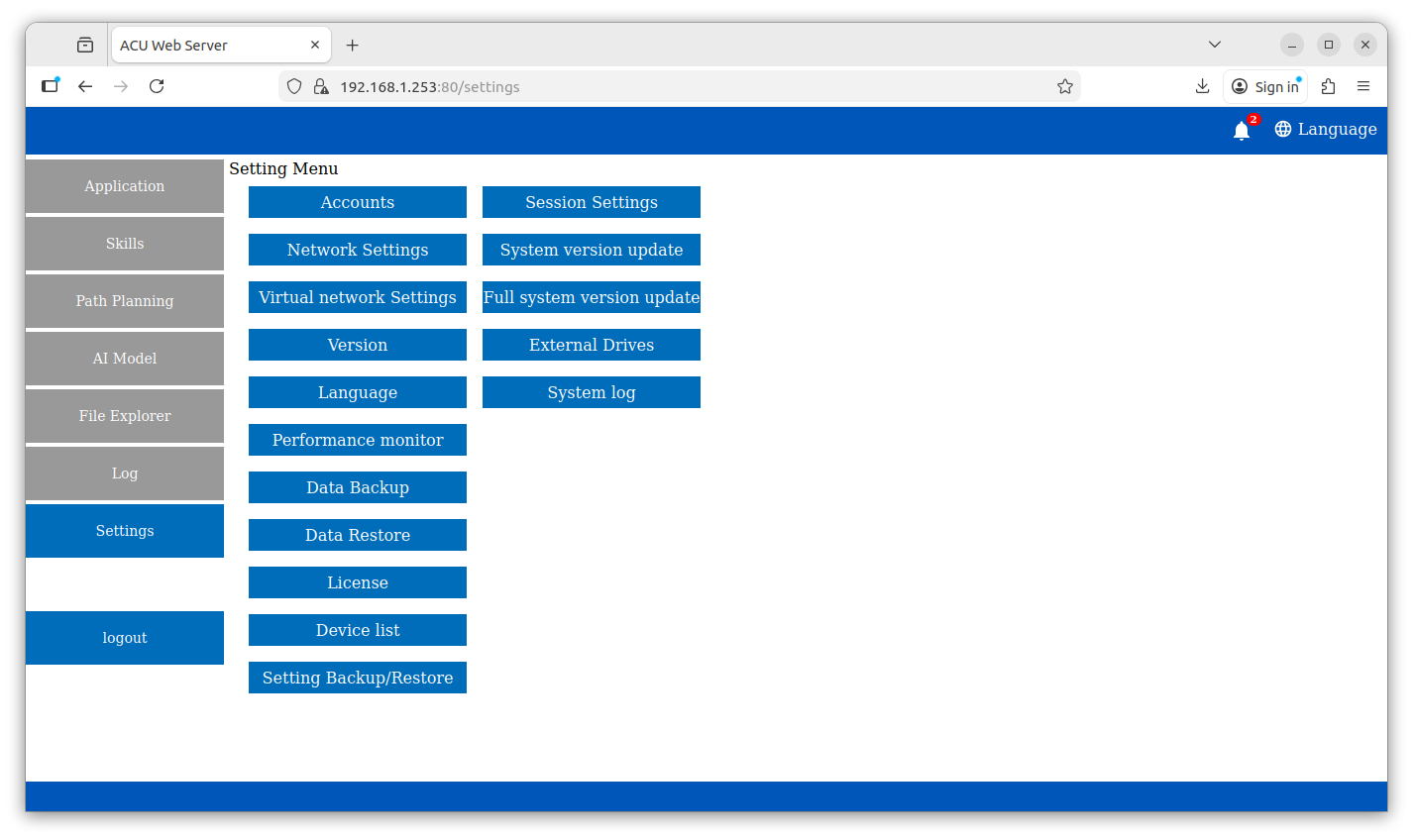 System settings panel